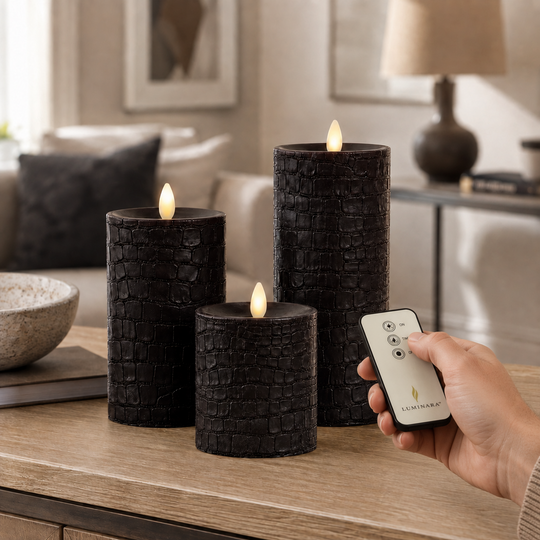 Luminara Indoor Black Crocodile Embossed Candle Trio